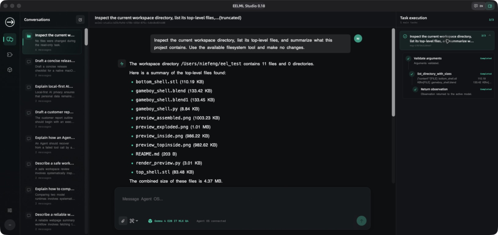 Real EELML Studio 0.18 client showing a local model inspecting a workspace and the complete task execution trail.